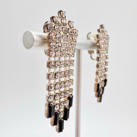 Vintage Art Deco Style Rhinestone Fringe Chandelier Clip On Earrings Regency - Picture 3 of 12